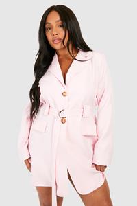 Boohoo Plus Linnen Utility Blazer Jurk Met Ceintuur, Baby Pink