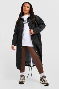 Boohoo Plus Soft-Shell Long Line Parka Regenjas Met Dubbele Lagen, Black