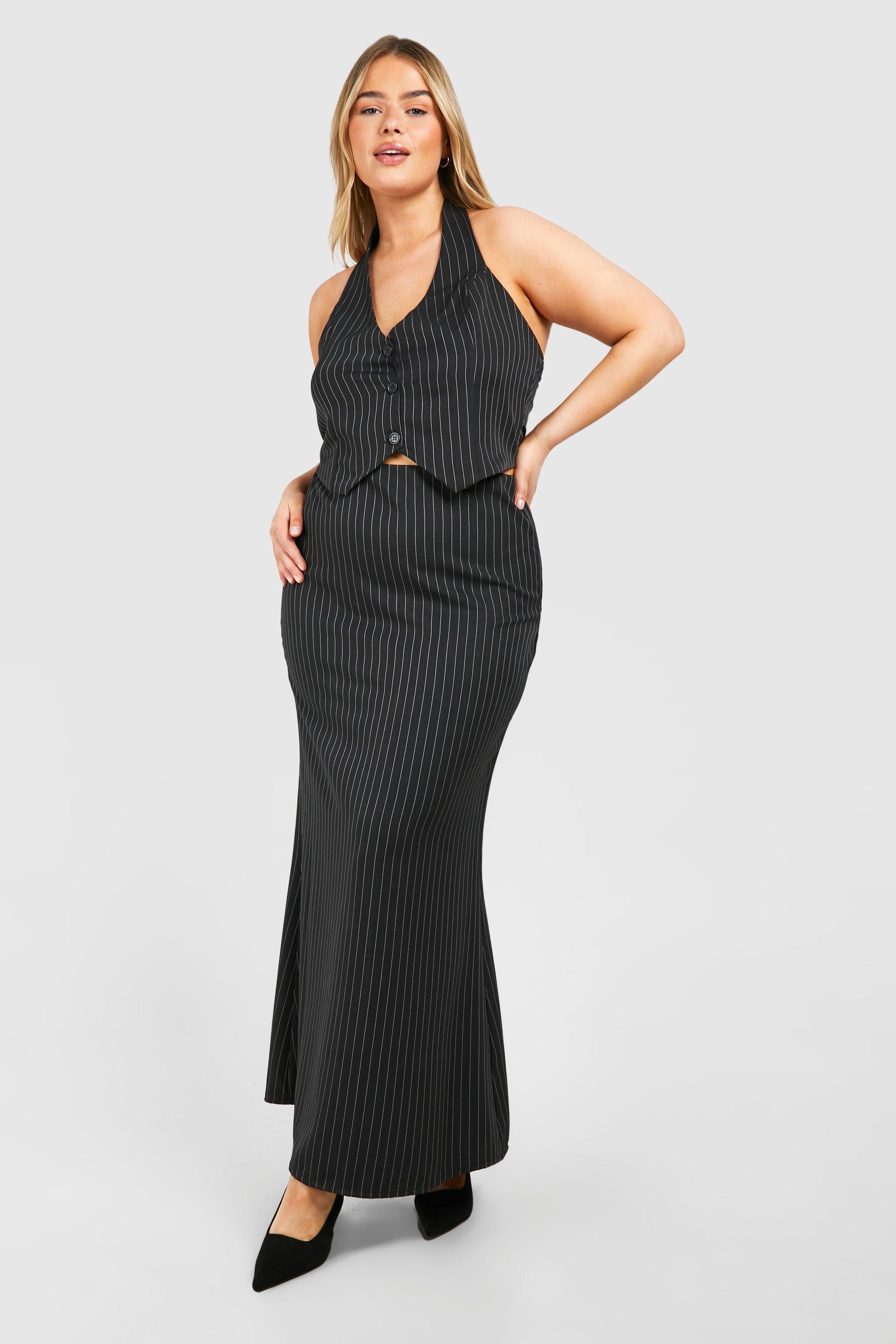 Boohoo Plus Geweven Getailleerde Maxi Rok Met Krijtstrepen, Black