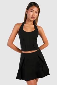 Boohoo Top Met Zak Detail En Halter Neck En Geplooid Mini Rokje, Black