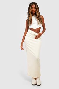 Boohoo Geribbelde Katoenen Maxi Slip Skirt, Stone