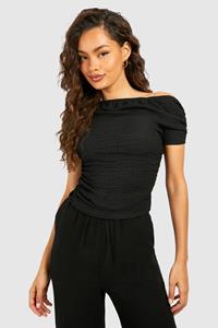 Boohoo Textured Bardot Ruched Jean Grazer Top, Black