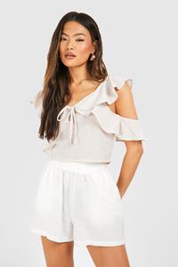 Boohoo Linnen Crop Top Met Krijtstrepen En Franjes, Stone