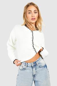 Boohoo Blanket Stitch Knitted Crop Cardigan, Ecru