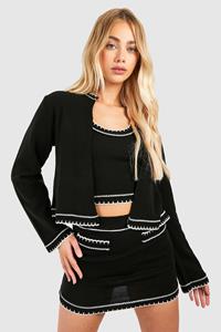 Boohoo 3-Delige Gebreide Cardigan, Crop Top En Mini Rokje Set Met Contrasterende Stiksels, Black