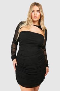 Boohoo Plus Gedraaide Geplooide Mesh Bodycon Jurk, Black
