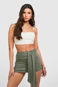 Boohoo Gedrapeerd Linnen Look Mini Rokje Met Panelen, Khaki