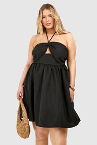 Boohoo Plus Geweven Skater Jurk Met Hals Strik, Black