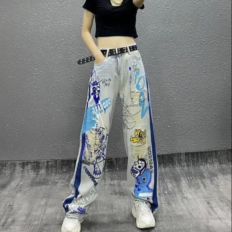 Black Strawberry Cloth Gescheurd gat Graffiti bedrukt dames jeans denim broek mode casual lange broek losse rechte vriendje streetwear harajuku vintage y2k-stijl
