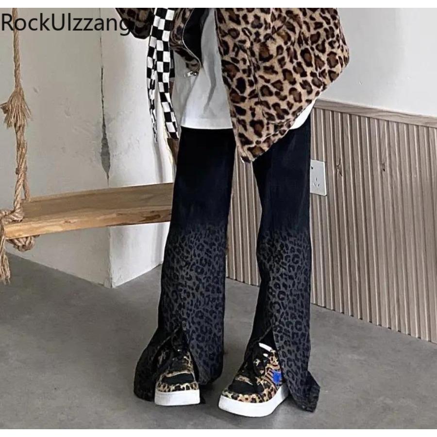 Black Strawberry Cloth Leopard Slit Jeans Denim Pant plus size jean broek damesmode casual y2k broek harajuku Koreaanse kleding