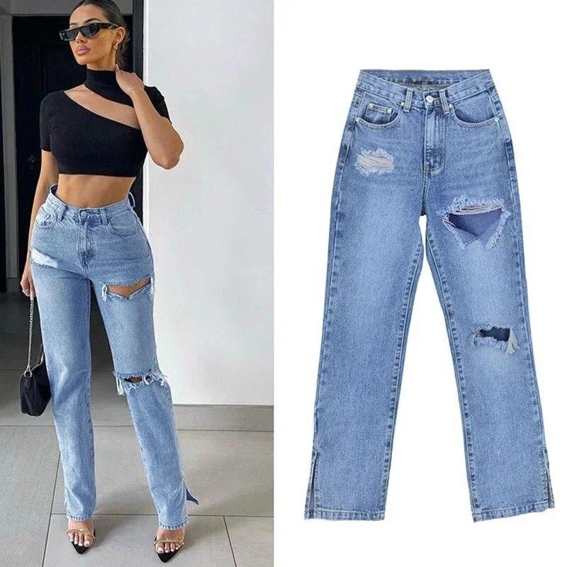 Surwenyue Fashion Street Hipster Rechte Broek Vrouwen Jeans Split Broek Sexy Uitgesneden Jeans Hoge Taille Lange Broek Broek 30209