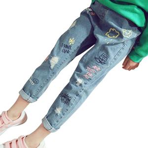Selfyi Child Trousers Baby Girls Holes Jeans Personality Graffiti Printing Casual Pants