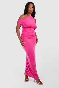 Boohoo Plus Gedraaide Asymmetrische Maxi Jurk Met Ring Detail En Open Schouders, Magenta Pink
