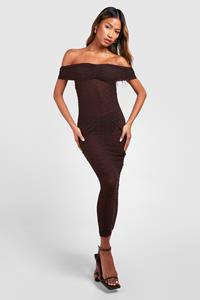 Boohoo Bardot Ruched Textured Midaxi Dress, Chocolate