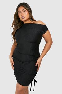 Boohoo Plus Geribbelde Mini Jurk Met Boothals En Textuur, Black