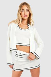 Boohoo 3-Delige Gebreide Cardigan, Crop Top En Mini Rokje Set Met Contrasterende Stiksels, Ecru
