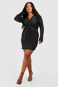 Boohoo Plus Gedraaide Plisse Blouse Jurk, Black