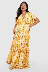 Boohoo Plus Bloemen Maxi Jurk Met Engelenmouwen, Yellow