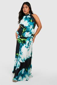 Boohoo Plus Bloemen Maxi Jurk Met Franjes, Laag Decolleté En Ruches, Blue