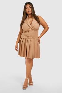 Boohoo Plus Woven Pleated Blazer Dress, Camel