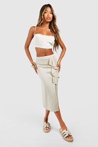 Boohoo Linen Frill Midi Skirt, Natural