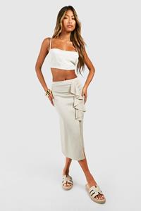 Boohoo Linnen Midi Rok Met Franjes, Natural