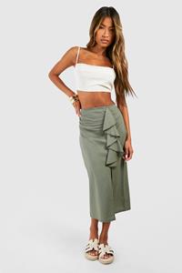 Boohoo Linnen Midi Rok Met Franjes, Khaki