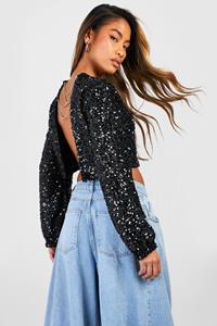 Boohoo Top Met Lange Mouwen, Pailletten En Rug Ketting, Black