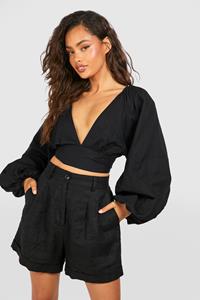 Boohoo Linnen Crop Top Met Ballonmouwen En Rug Strik, Black
