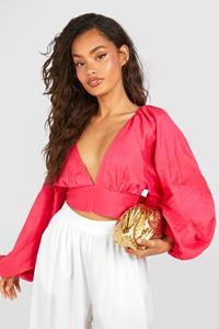 Boohoo Linnen Crop Top Met Ballonmouwen En Rug Strik, Pink