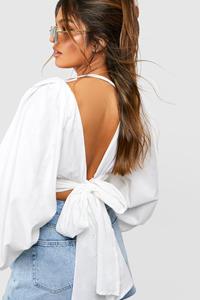 Boohoo Linnen Crop Top Met Ballonmouwen En Rug Strik, White