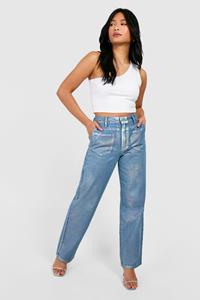 Boohoo Petite Iridescent Metallic Coated Straight Leg Jeans, Iridescent