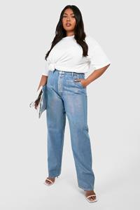 Boohoo Plus Iridescent Metallic Coated Straight Leg Jeans, Blue