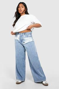 Boohoo Plus Distressed Straight Leg Denim Jean, Light Wash