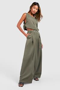 Boohoo Getailleerde Crop Top Met Zijstrikjes, Khaki