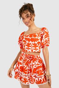 Boohoo Abstract Cotton Backless Crochet Trim Crop Top, Orange