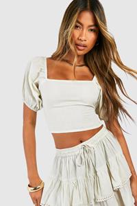 Boohoo Katoenen Crop Top Met Open Rug En Gehaakte Zoom, Stone