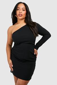Boohoo Plus Geplooide Bengaline Mini Jurk Met Eén Blote Schouder, Black