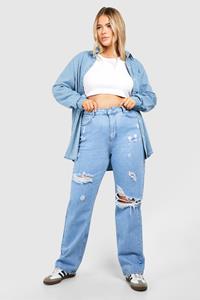 Boohoo Plus Gescheurde Jeans Met Rechte Pijpen, Light Wash