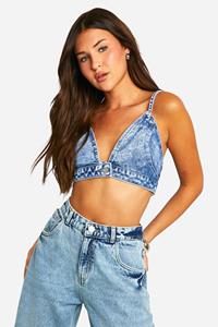 Boohoo Acid Wash Gebleekte Denim Bralette Met Knoop Detail, Teal