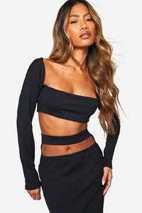 Boohoo Geribbelde Super Crop Top Met Vierkante Hals, Black