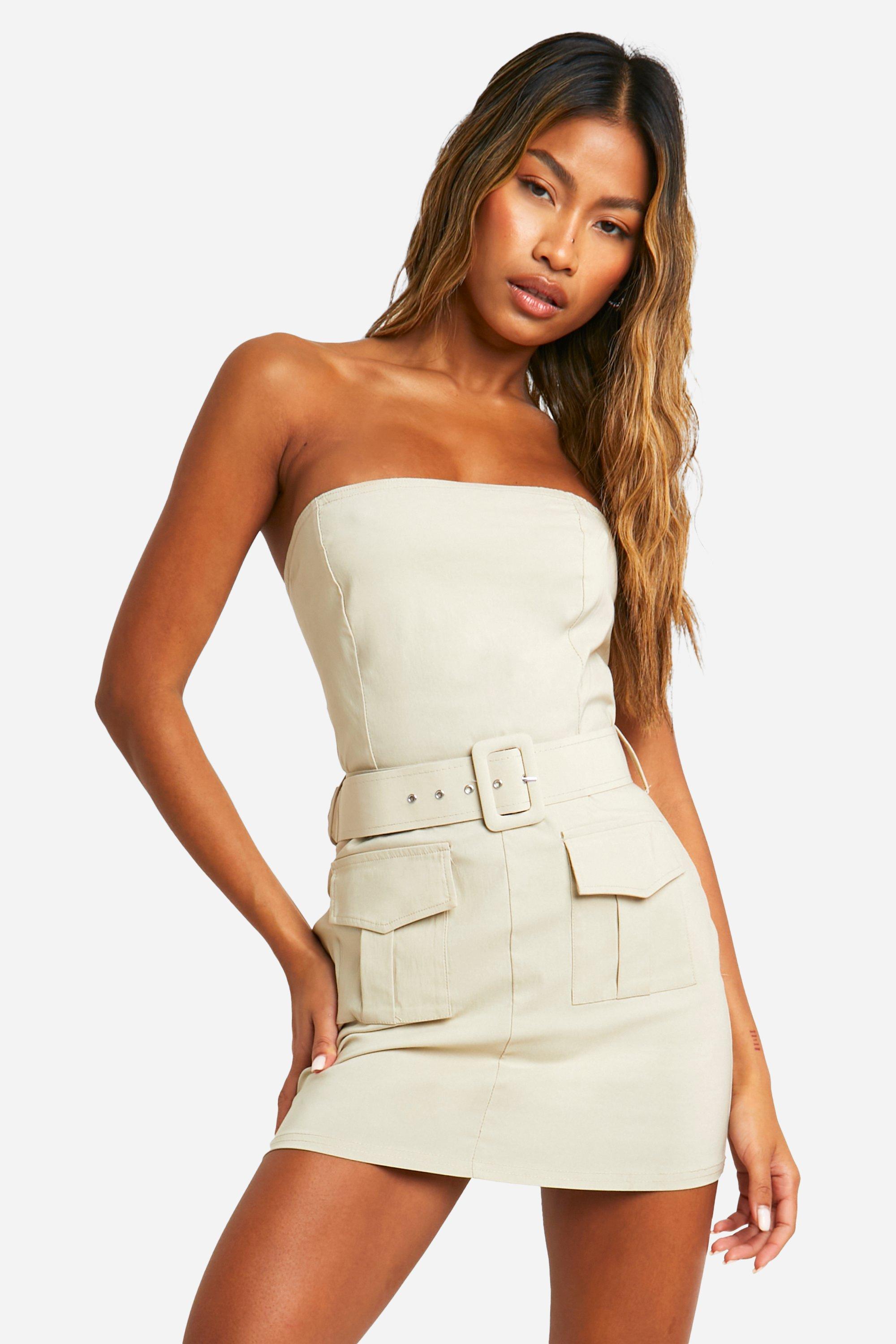 Boohoo Bandeau Utility Bengaline Mini Jurk, Stone