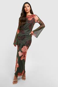Boohoo Mesh Hibiscus Maxi Jurk Met Lage Ronde Rug, Khaki