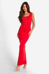 Boohoo Basic Geribbelde Maxi Jurk Met Lage Ronde Hals, Red