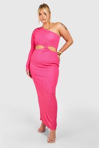 Boohoo Plus Maxi Jurk Met Textuur, Uitsnijding En Eén Blote Schouder, Hot Pink