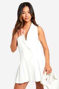 Boohoo Pleated Drop Hem Blazer Dress, Ivory