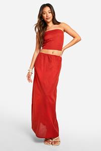 Boohoo Linnen Look Bandeau Top En Maxi Rok, Red