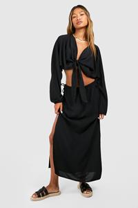 Boohoo Opgeknoopte Crop Top Met Volle Mouwen En Midaxi Rok, Black