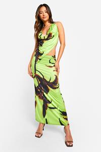 Boohoo Strak Bloemenprint Hemdje Met Losse Col En Maxi Rok, Lime