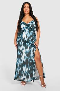 Boohoo Plus Geweven Maxi Jurk Met Abstracte Print, Ruches En Bandjes, Blue